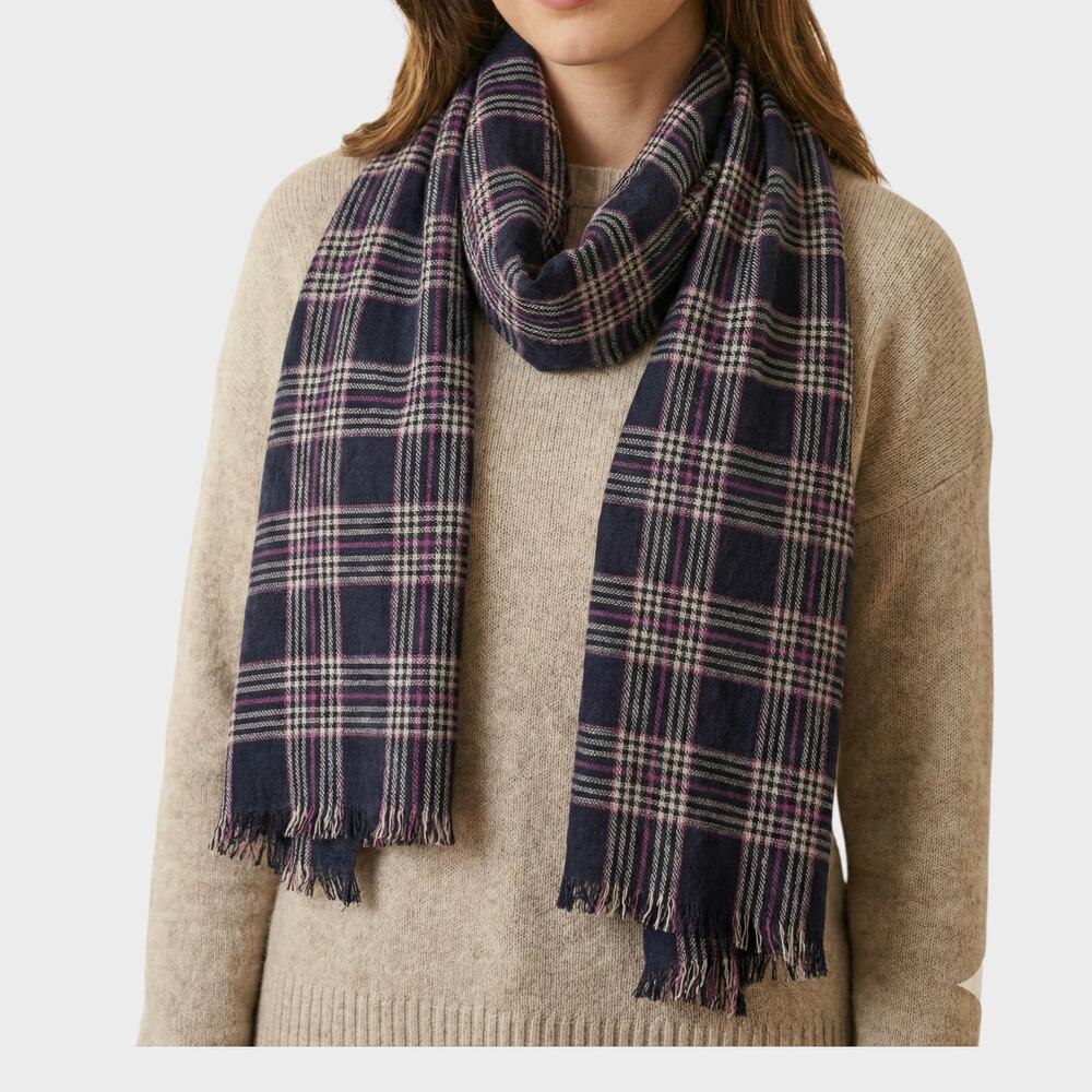 LOFT Cotton Rayon Rectangle Womens Scarf Blue Purple Plaid 25" x 38"